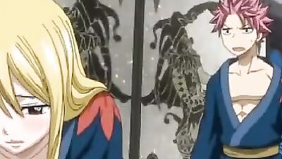 Lucy, the naughty hentai babe, gets her big tits and mouth stuffed by a couple of big cocks