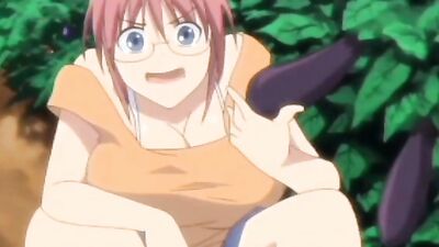Watch this anime babe with huge tits and country bumpkin features in glasses getting banged outdoors