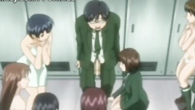 First timer caught peeping on busty anime chick in schoolgirl group sex