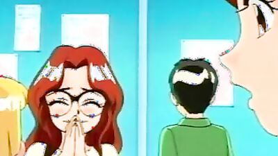 Watch this anime couple get wild with a four-eyed cutie who loves getting her anime pussy stretched out