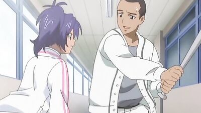 Purple-haired anime slut Kansen gives a hot handjob and takes a cumshot in her mouth