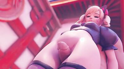D.Va gives a warm thigh rub to lucky guy in this anime hentai