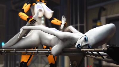 Watch this sex robot play with a female alien in the sci-fi lab with her shaved pussy