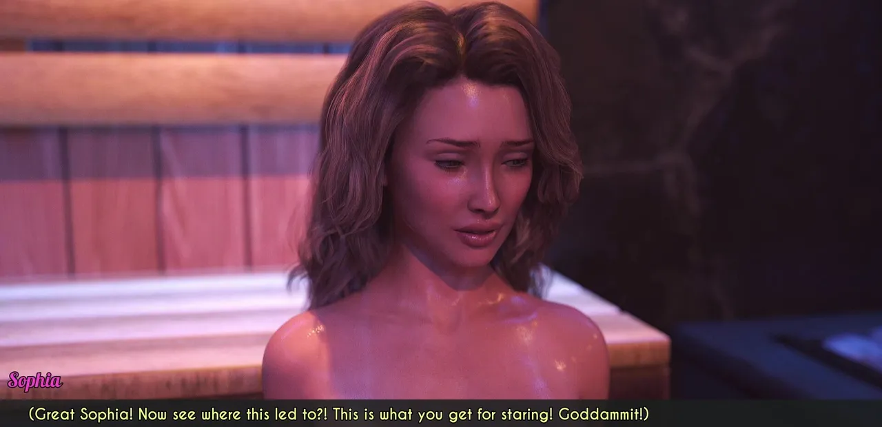 A woman in a sauna looking aroused