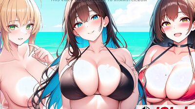 Angry Spanish roleplay with hot big-titted cartoon babes milked & jizzed on the beach