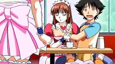 Big-titted anime babe with pink hair rides hard on a throbbing dick