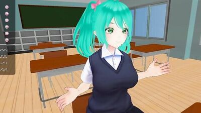 Watch this anime schoolgirl with huge boobs strip and masturbate in VR while teasing you with her big tits