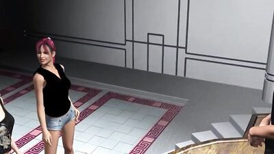 Blonde and redhead slobber on a massive rod and take turns riding it in hot 3D action