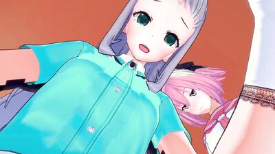 Two hot shemales with purple hair get wild with a guy in POV bukkake action